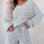 Women's Striped Two Piece Outfit Henley Lantern Sleeve Top and Drawstring Shorts Casual Lounge Set
