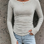 Women's Striped Boat Neck Long Sleeve Knit Top Ruched Slim Fit Tee with Thumb Holes