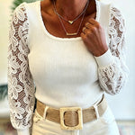 Women's Ribbed Knit Top Square Neck Lace Long Sleeve Shirt Slim Fit Elegant Pullover Top