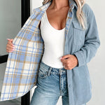 Women's Two-Way Reversible Corduroy Plaid Shacket Button Down Long Sleeve Shirt Jacket