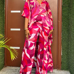 Women's Colorblock Geometric Print 2 Piece Set Batwing Sleeve V Neck Slit Longline Kaftan Top and Wide Leg Pants Set