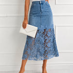 Women's Guipure Lace Spliced Denim Skirt High Waisted Jean Skirt French-Style Casual Skirt