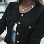 Women's French Style Cropped Jacket Round Neck Gold Button Coat Argyle Cable Jacquard Knit Outerwear