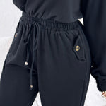 Turn-down Collar Overlap V-Neck Drawstring Stretchy Waist Jumpsuit Casual Flap Pockets Design Jumpsuit