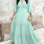 Women's V Neck Three Quarters Sleeve Maxi Dress Shirred Back Ruffle Hem Dress Elegant Flowy Chiffon Dress