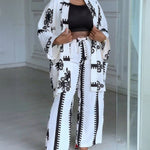2 Pieces Outfit Open Front Long Sleeve Coat and Drawstring Elastic Waist Wide Leg Pants Set Casual Vintage Baroque Print Loose Fit Set without Tank Top
