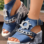 Newspaper Rhinestone Gear Pattern Slingback Platform Wedge Sandals