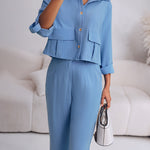 2 Pieces Outfit Turn-down Collar Turn-Up Sleeves Button Front Flap Pockets Design Top and Causal Zipper Fly Elastic Back Waist Wide Leg Pants Set