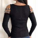 Women's Sexy Cold Shoulder Rib-Knit Top Rhinestone Strappy Long Sleeve V-Neck Zipper Slim Fit Pullover