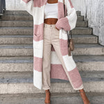 Women's Checkerboard Knit Cardigan Oversized Long Chunky Sweater Loose Lantern Sleeve Coat with Pockets