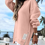 Letter Patch Detail Long Sleeve Drop Shoulder Pullover Sweatshirt Casual Zipper Side Slit Top
