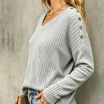 Women's V Neck Ribbed Knit Top Shoulder Button Long Sleeve Casual Pullover