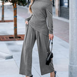 Women's 2 Piece Outfit Off Shoulder Ruched Asymmetrical Top and Wide Leg Pants Set Casual Loungewear