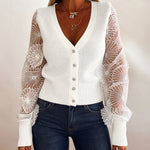 Women's Mesh Long Sleeve Cardigan Embroidered V Neck Knit Sweater Rhinestone Button Ribbed Slim Fit Casual Coat