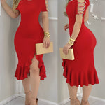 Cold Shoulder Beaded Slit Bodycon Dress Ruffle Hem Zipper Back Party Dress