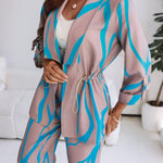 2 Pieces Outfit Shawl Lapel Turn-Up Sleeves Drawstring Waist Open Front Coat and Elastic Back Waist Wide Leg Pants Set Casual Abstract Print Commuting Set