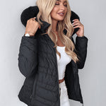 Zipper Pocket Design Shirred Fuzzy Trim Fleece Lined Hooded Puffer Jacket