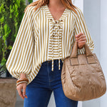 Women's Vintage Striped Lace-Up V-Neck Lantern Sleeve Blouse