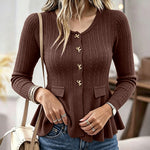 Women's Peplum Ruffle Hem Cardigan Cable Knit Slim Fit Sweater V Neck Gold Bow Button Down Top