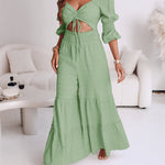 Sweetheart Neck Puff Sleeve Drawstring Front Shirred Overalls Casual Cutout Front Ruffle Hem Wide Leg Jumpsuit