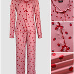 2 Pieces Outfit Bowknot Decor Turn-down Collar V-Neck Top and Elastic Waist Slit Hem Pants Set Casual Strawberry Print Frill Trim Ribbed Pajamas Set