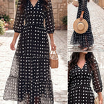 Women's Polka Dot Maxi Dress V Neck Lantern Sleeve Ruffle Hem Dress High Waist Button Up Chiffon Long Party Dress