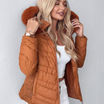 Zipper Pocket Design Shirred Fuzzy Trim Fleece Lined Hooded Puffer Jacket