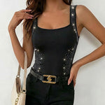Rhinestone Decor Square Neck Thick Strap Backless Slim Fit Tank Top