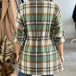 Women's Plaid Drawstring Waist Lapel Mid Length Coat Casual Roll Up Sleeve Jacket