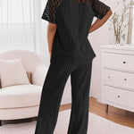 2 Pieces Outfit Round Neck Lace Spliced Short Sleeve Top and Elastic Waist Straight Leg Pants Set Casual Brushed Ribbed Pajamas Set