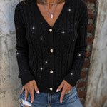 Women's Sequin Cable Knit Cardigan V Neck Button Down Slim Fit Long Sleeve Sweater