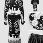 2 Pieces Outfit Skew Neck Lantern Sleeve Loose Fit Top and High Waist Elastic Waist Fishtail Maxi Skirt Set Casual Tropical Print Vacation Set