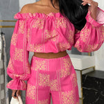 Women's Vintage Print 2 Piece Set Ruffle Off Shoulder Flared Cuff Top and Wide Leg Pants Casual Tropical Vacation Outfits