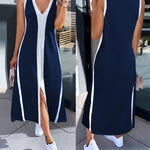 Colorblock Spliced Deep V-Neck Sleeveless Slit Front Dress Casual Loose Fit A Line Dress