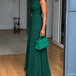 Women's Cowl Neck Wide Leg Jumpsuit High Waist Sleeveless Chiffon Overlay Spliced Evening Overalls with Belt