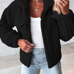 Textured Striped Turn-down Collar Button Front Elastic Cuff and Hem Teddy Fleece Jacket With Decorative Flap Pockets