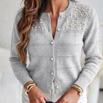 Women's Pearl Beaded Knit Cardigan Elegant Hollow Out Crop Sweater Casual Button Down Coat