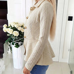 Women's Argyle Cable Knit Jacket Elegant Lapel Collar Gold Button Down Cardigan Ruffle Hem Long Sleeve Coat