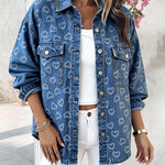 Vintage Heart Jacquard Turn-down Collar Button Front Asymmetrical Hem Jacket Casual Flap Pockets Design Washed Denim Coat