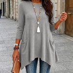 Women's Ribbed Asymmetrical Hem Top Crewneck Three Quarters Sleeve A-Line Casual Top