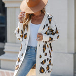 Women's Leopard Pattern Open Front Mid-length Knit Cardigan Sweater Coat