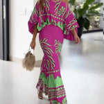 2 Pieces Outfit Skew Neck Lantern Sleeve Loose Fit Top and High Waist Elastic Waist Fishtail Maxi Skirt Set Casual Tropical Print Vacation Set