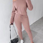 2 Pieces Outfit Long Sleeve Skew Neck Pullover Top and Drawstring Elastic Waist Slim Fit Pants Set