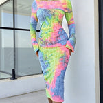 Tie Dye Print Foldover Off Shoulder Long Sleeve Textured Bodycon Dress Casual Ripped Detail High Strech Vacation Dress