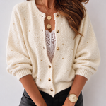Women's Boucle Knit Cardigan Gold Beaded Puff Sleeve Sweater Crewneck Button Up Elegant Crop Outerwear