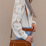 Women's Crewneck Long Sleeve Lace Sunflower Patchwork Waffle Knit Top