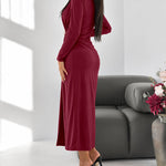 Women's Elegant V-Neck Long Sleeve Ruched Front Slit Midi Evening Dress