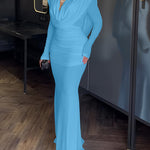 Cowl Neck Ruched Zipper Back Slim Fit Maxi Dress Casual Padded Shoulders Backless Evening Dress