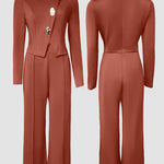Golden Button Decor Long Sleeve Seam Front Overalls Casual Zipper Back Faux Two-Piece Commuting Jumpsuit