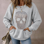 Women's Rhinestone Skull Graphic Loose Sweatshirt Drop Shoulder Crewneck Pullover Top